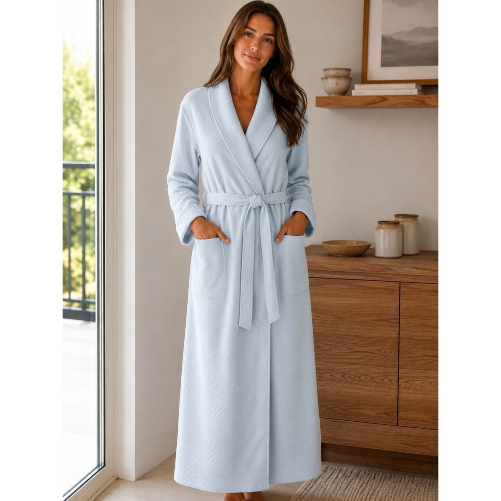 Carmen By Glaser Long Robe S Pima Cotton Light Blue Belted Spa Luxury